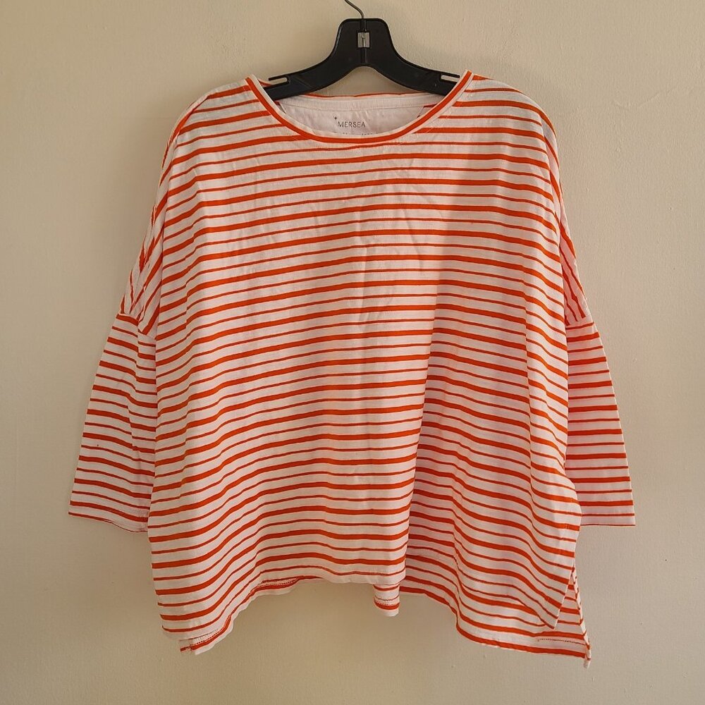 Mersea Women’s Catalina Tee Oversized Cotton Shirt  One Size White Orange Stripe